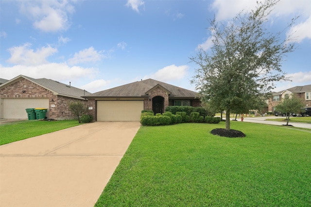 ranch-style home featuring a front yard and a garage