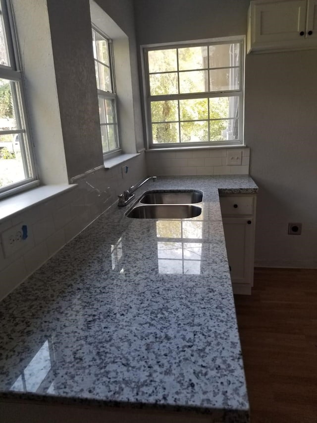 kitchen with hardwood / wood-style floors, light stone countertops, and sink