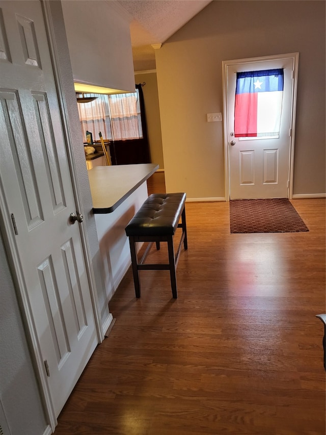 foyer entrance featuring hardwood / wood-style floors and a textured ceiling