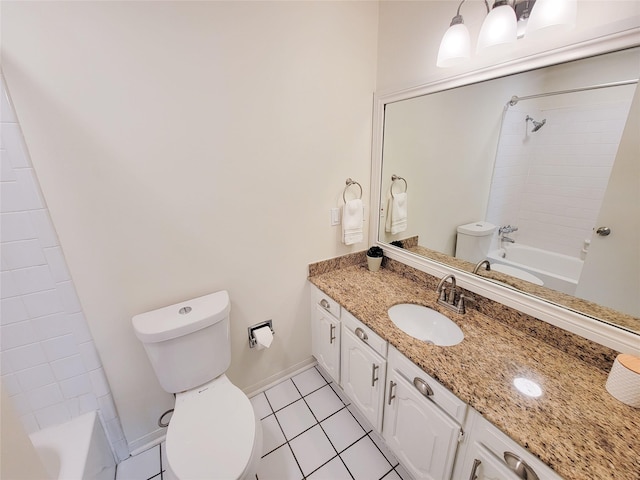full bathroom with vanity, baseboards, bathing tub / shower combination, tile patterned flooring, and toilet