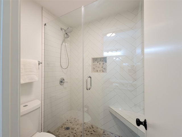 full bathroom featuring a shower stall and toilet