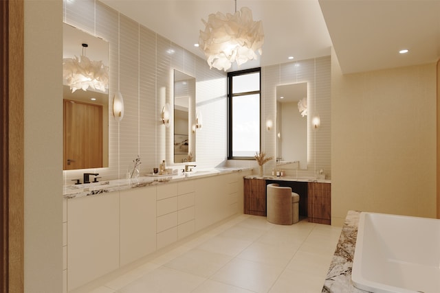 bathroom featuring tile walls, vanity, a chandelier, and tile patterned floors