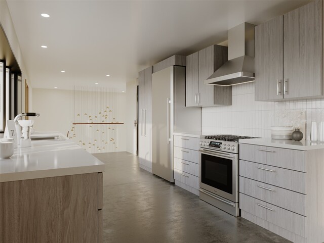 kitchen featuring light brown cabinetry, wall chimney exhaust hood, backsplash, high end stove, and concrete flooring