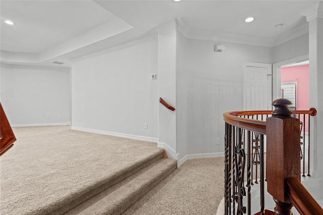 staircase featuring crown molding and carpet