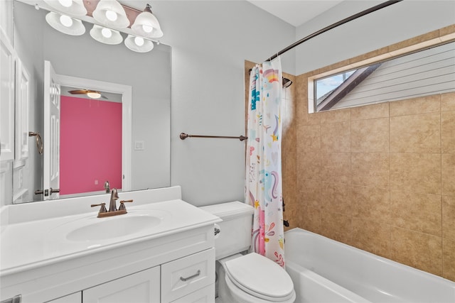 full bathroom with toilet, shower / bathtub combination with curtain, vanity, and ceiling fan