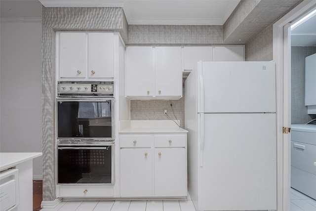 kitchen featuring black double oven, crown molding, white fridge, white cabinetry, and washer / clothes dryer