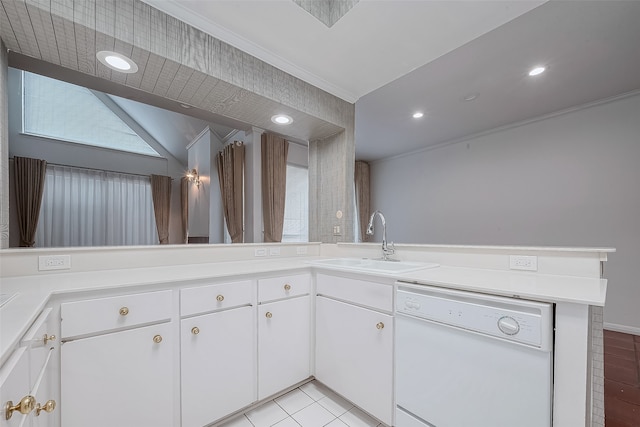 kitchen featuring white dishwasher, white cabinets, kitchen peninsula, sink, and crown molding