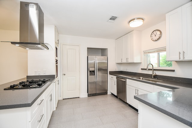 kitchen with sink, ventilation hood, white cabinets, and stainless steel appliances