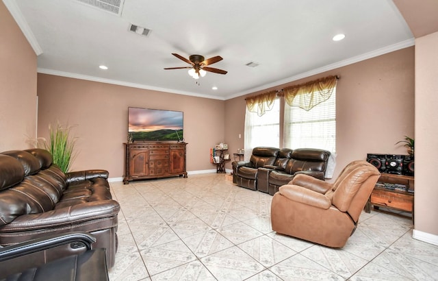 living room with crown molding and ceiling fan