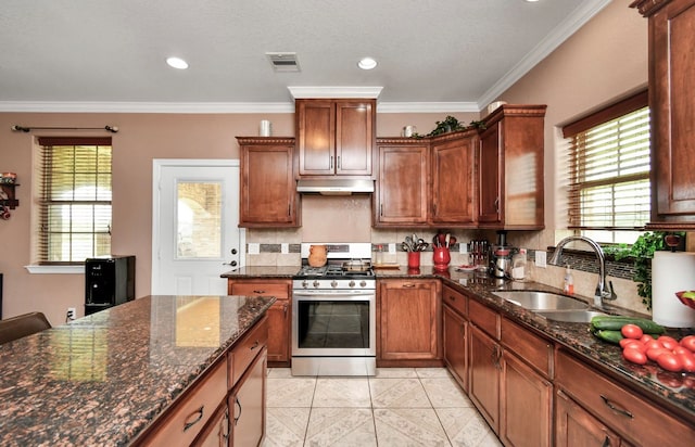 kitchen with dark stone counters, sink, plenty of natural light, and stainless steel gas range