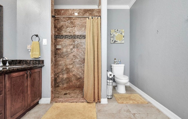 bathroom featuring toilet, a shower with curtain, vanity, ornamental molding, and tile patterned flooring