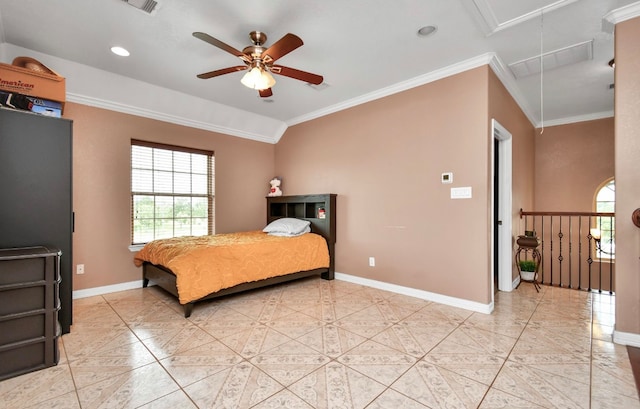 bedroom featuring crown molding, vaulted ceiling, and ceiling fan