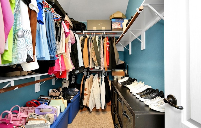 walk in closet with light carpet