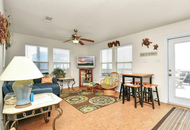 living room featuring a wealth of natural light, a textured ceiling, and ceiling fan