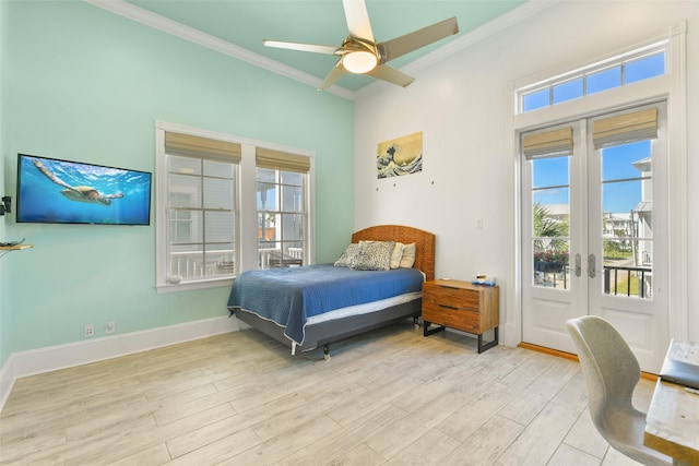 1745 Seaside Dr, Galveston, TX 77550 - bedroom featuring light wood-type flooring, ornamental molding, access to outside, and french doors