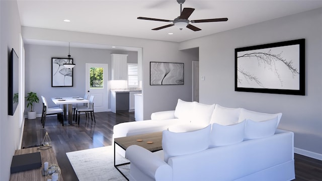 living room featuring dark hardwood / wood-style floors and ceiling fan