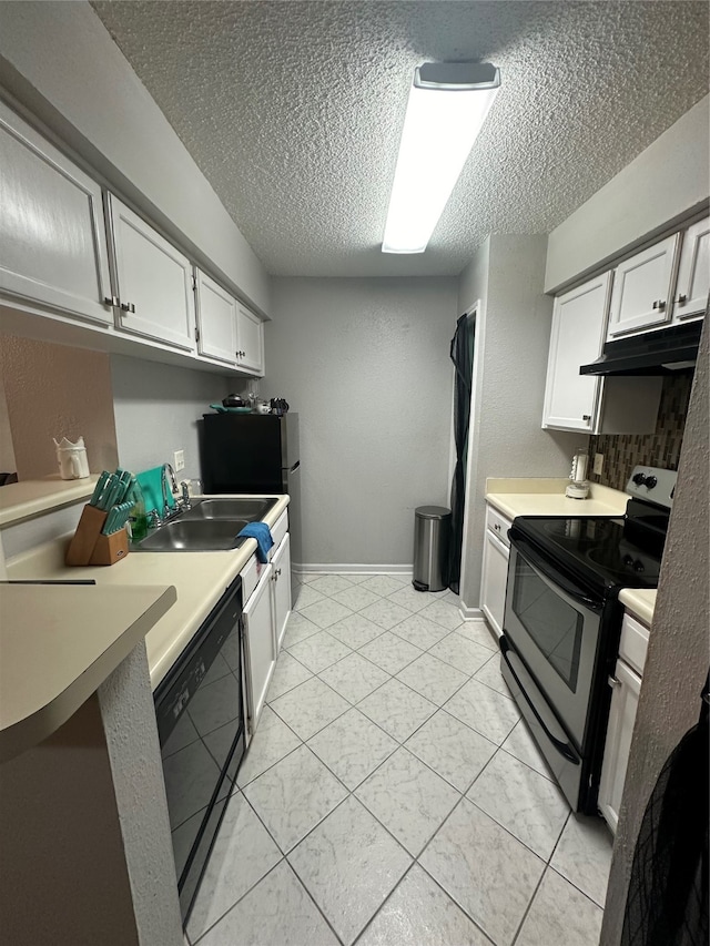 kitchen with a textured ceiling, white cabinets, dishwasher, and electric stove