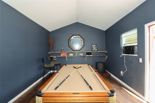 playroom featuring pool table, dark hardwood / wood-style floors, and vaulted ceiling