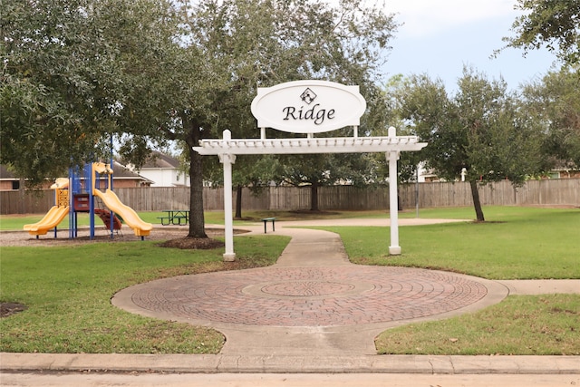 view of property's community with a lawn and a playground