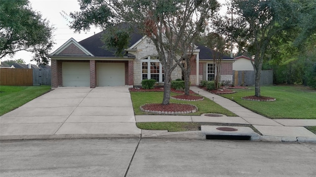 single story home featuring a garage and a front yard