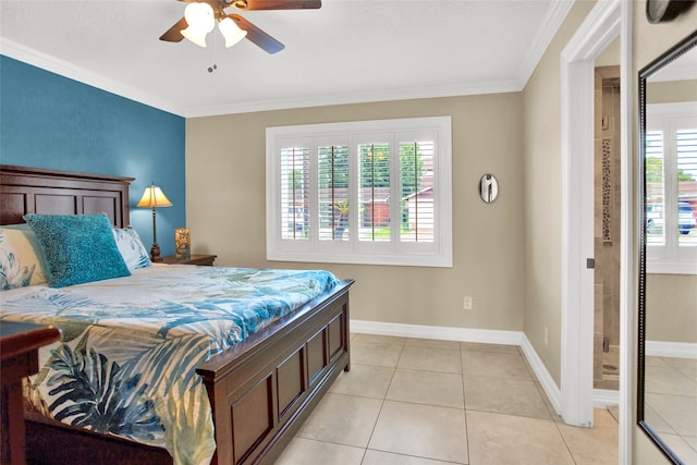 bedroom featuring light tile patterned floors, multiple windows, ornamental molding, and ceiling fan