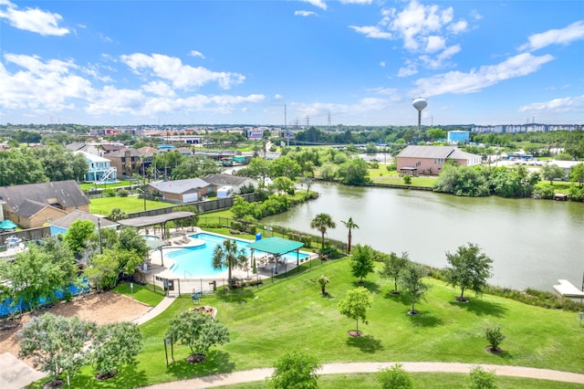 drone / aerial view featuring a water view