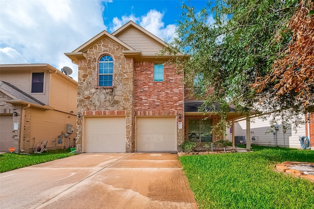 view of front of house with a garage and a front lawn