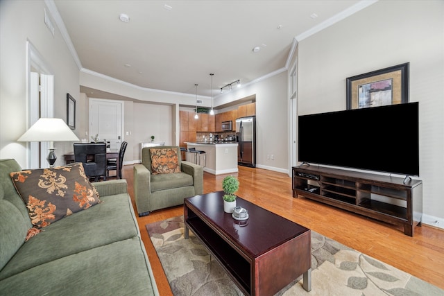 living room with light hardwood / wood-style flooring and ornamental molding