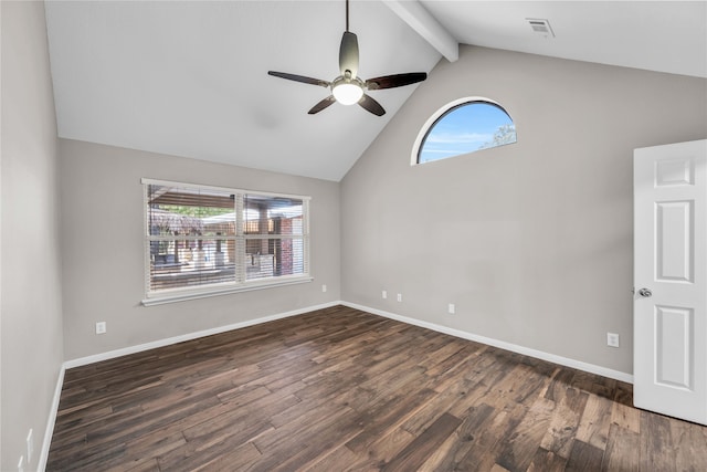 empty room with dark wood-type flooring, ceiling fan, and a wealth of natural light