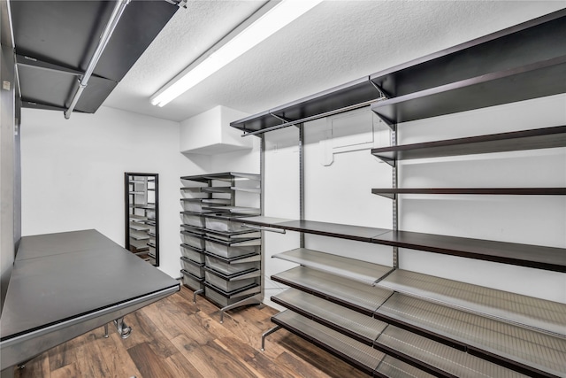 walk in closet with dark wood-type flooring