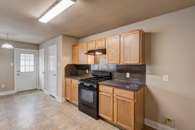 kitchen featuring decorative light fixtures, a textured ceiling, light brown cabinetry, black gas range, and decorative backsplash