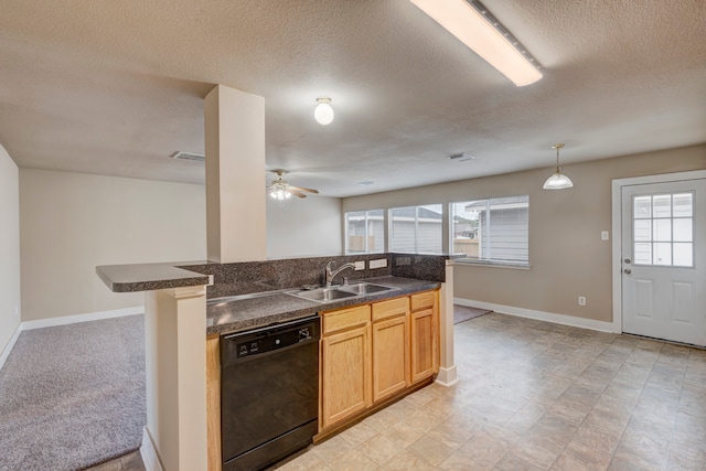 kitchen with a wealth of natural light, a textured ceiling, sink, and black dishwasher