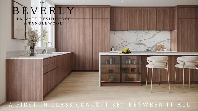 bar featuring tasteful backsplash, sink, and light wood-type flooring