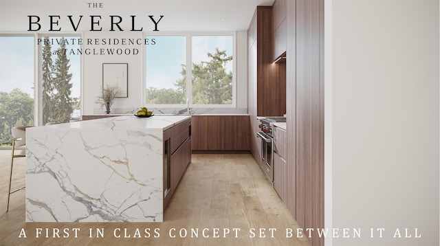 kitchen featuring expansive windows, light stone countertops, stainless steel stove, and light hardwood / wood-style floors