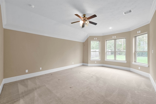 interior space with lofted ceiling, ceiling fan, and crown molding