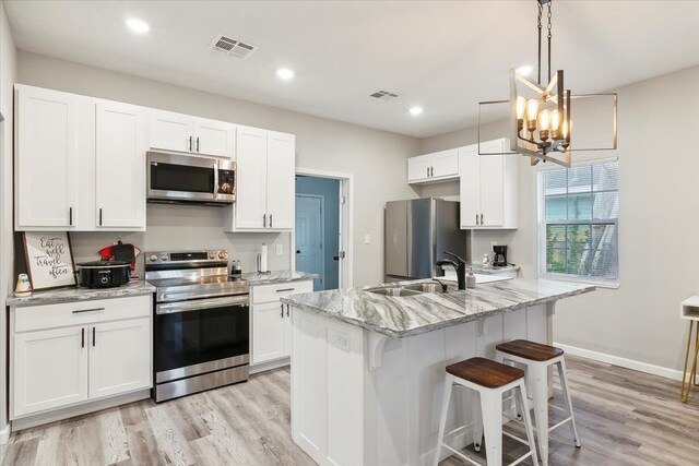 kitchen with a kitchen island with sink, appliances with stainless steel finishes, sink, and white cabinets