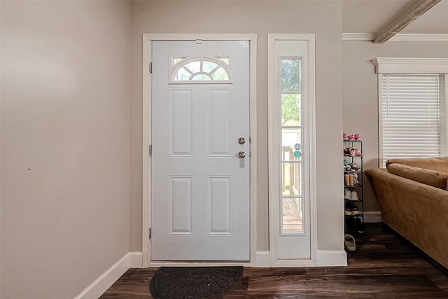 foyer entrance featuring ornamental molding and dark wood-type flooring