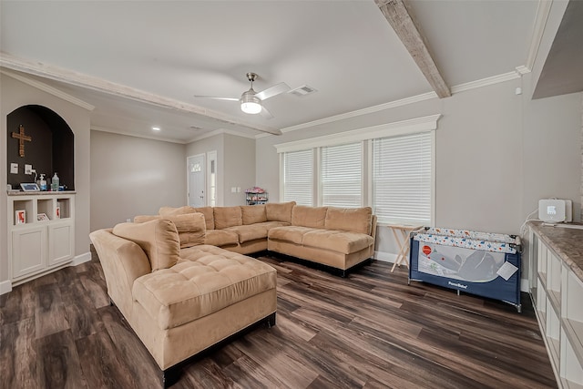 living room with beam ceiling, crown molding, ceiling fan, and dark hardwood / wood-style flooring