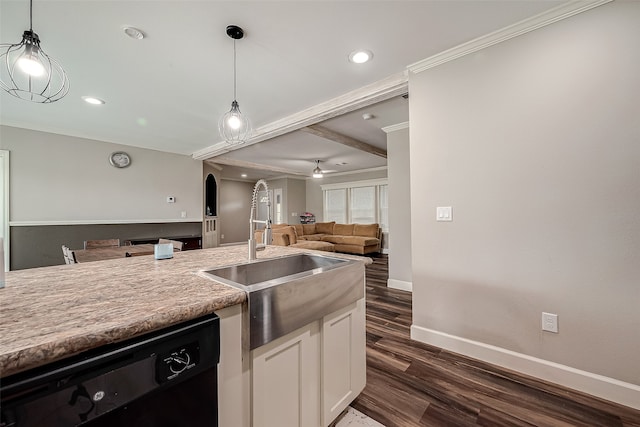 kitchen featuring pendant lighting, dishwasher, white cabinetry, and dark hardwood / wood-style floors