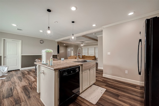 kitchen with dishwasher, an island with sink, fridge, white cabinetry, and dark hardwood / wood-style floors