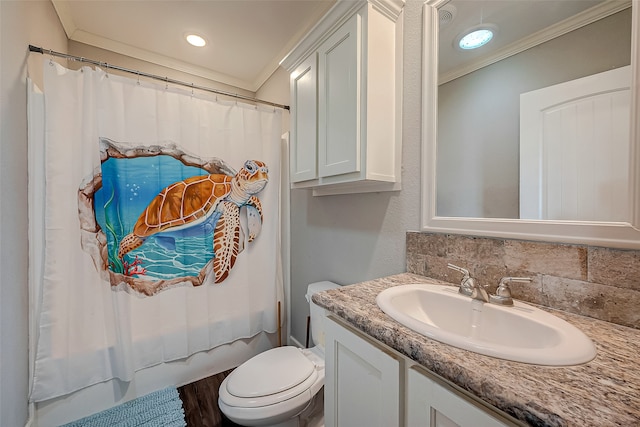 full bathroom with toilet, shower / tub combo, backsplash, ornamental molding, and vanity