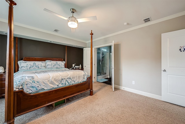 bedroom featuring ceiling fan, carpet flooring, and ornamental molding