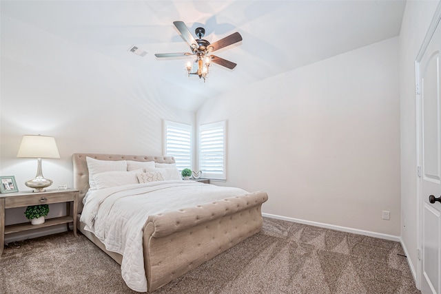 bedroom featuring ceiling fan, lofted ceiling, and carpet