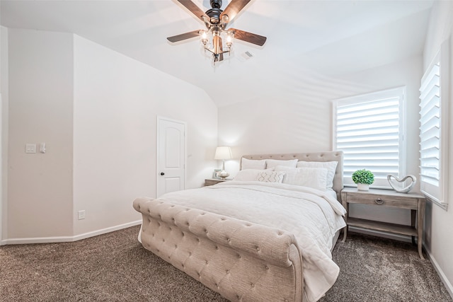 carpeted bedroom featuring lofted ceiling and ceiling fan