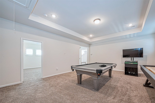 rec room featuring carpet flooring, pool table, and a tray ceiling