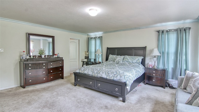 carpeted bedroom with crown molding and a textured ceiling