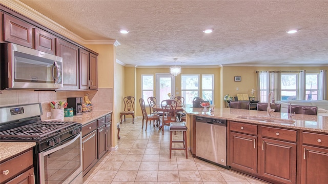 kitchen with crown molding, stainless steel appliances, sink, and a wealth of natural light