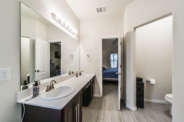 bathroom featuring toilet, vanity, and wood-type flooring