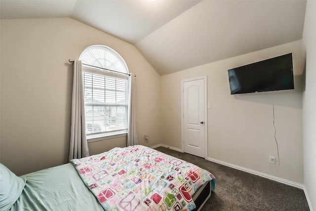 carpeted bedroom with lofted ceiling