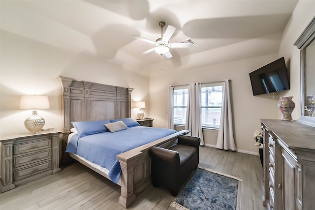 bedroom with ceiling fan and light wood-type flooring